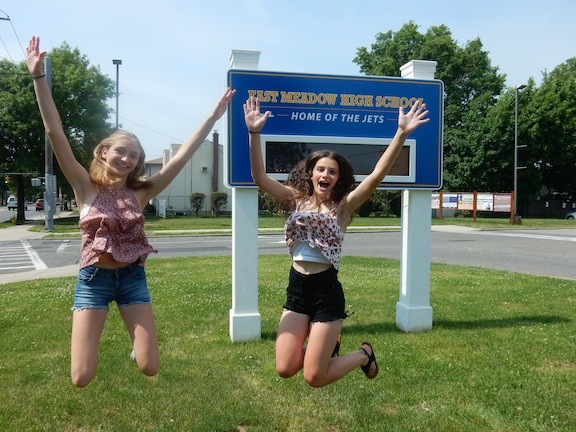 Nicole Newberger and Allyson Clark, left to right, showed their excitement on the last day of school last Friday. The two girls are the East Meadow High School’s class of 2015 valedictorian and salutatorian, respectively.