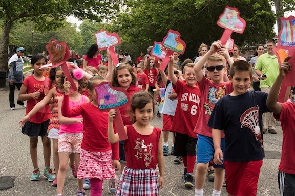 Kindergartners and first-graders wore red clothing as part of an American theme in observance of Flag Day.