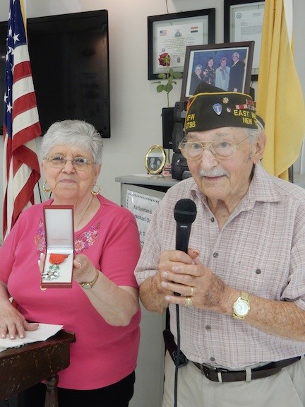 Caggiano showed the Legion of Honour, which was presented to her husband, Al Caggiano, on June 6, by the French consulate in New York City in honor of his service in France during World War II.
