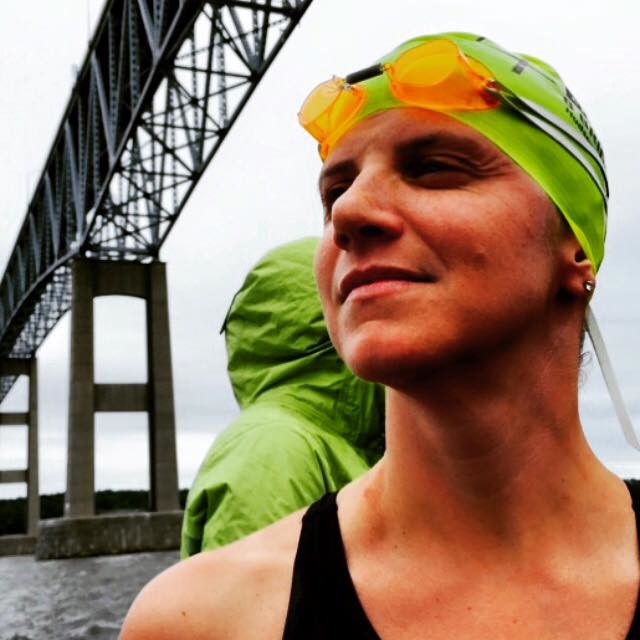 Lori King, who swam the 120-mile 8 Bridges Swim, in front of the Kingston-Rhinecliff Bridge.