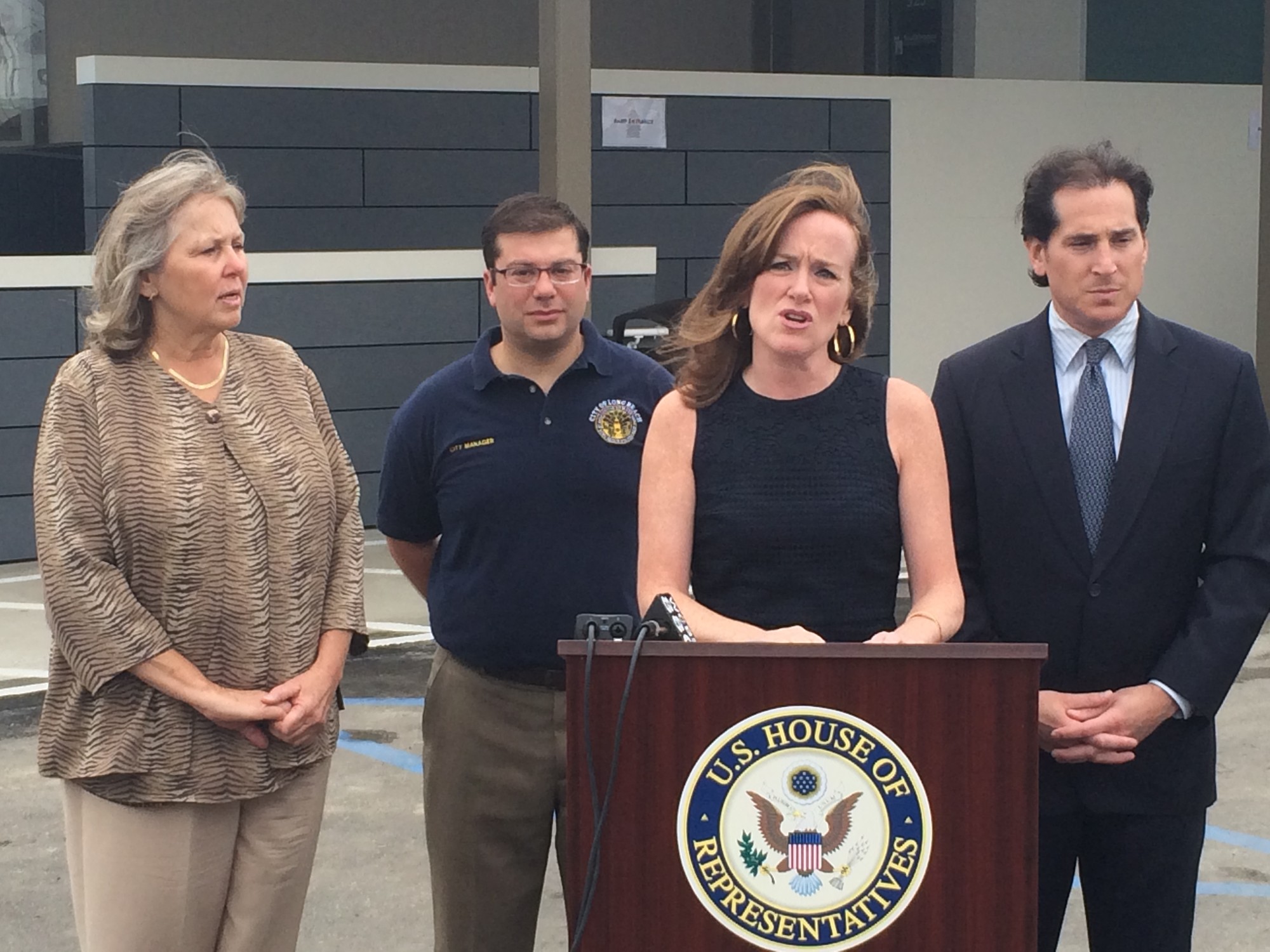 Matthew Ern/HeraldNassau County Legislator Denise Ford, far left, Long Beach City Manager Jack Schnirman, U.S. Rep. Kathleen Rice and State Assemblyman Todd Kaminsky called for federal approval of a free-standing emergency department at the former Long Beach Medical Center campus.