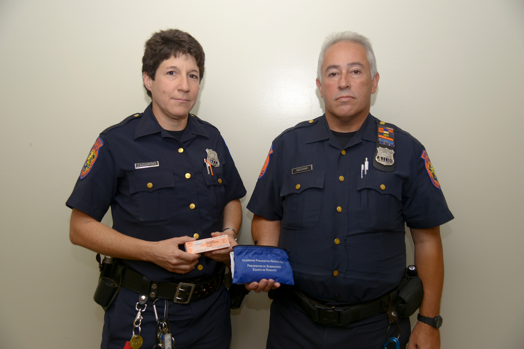 Nassau County Auxiliary Police Officer Shari Zagorski and Pfc. Anthony Squiciarino showed the narcan they carry at all times to save lives from heroin overdose.