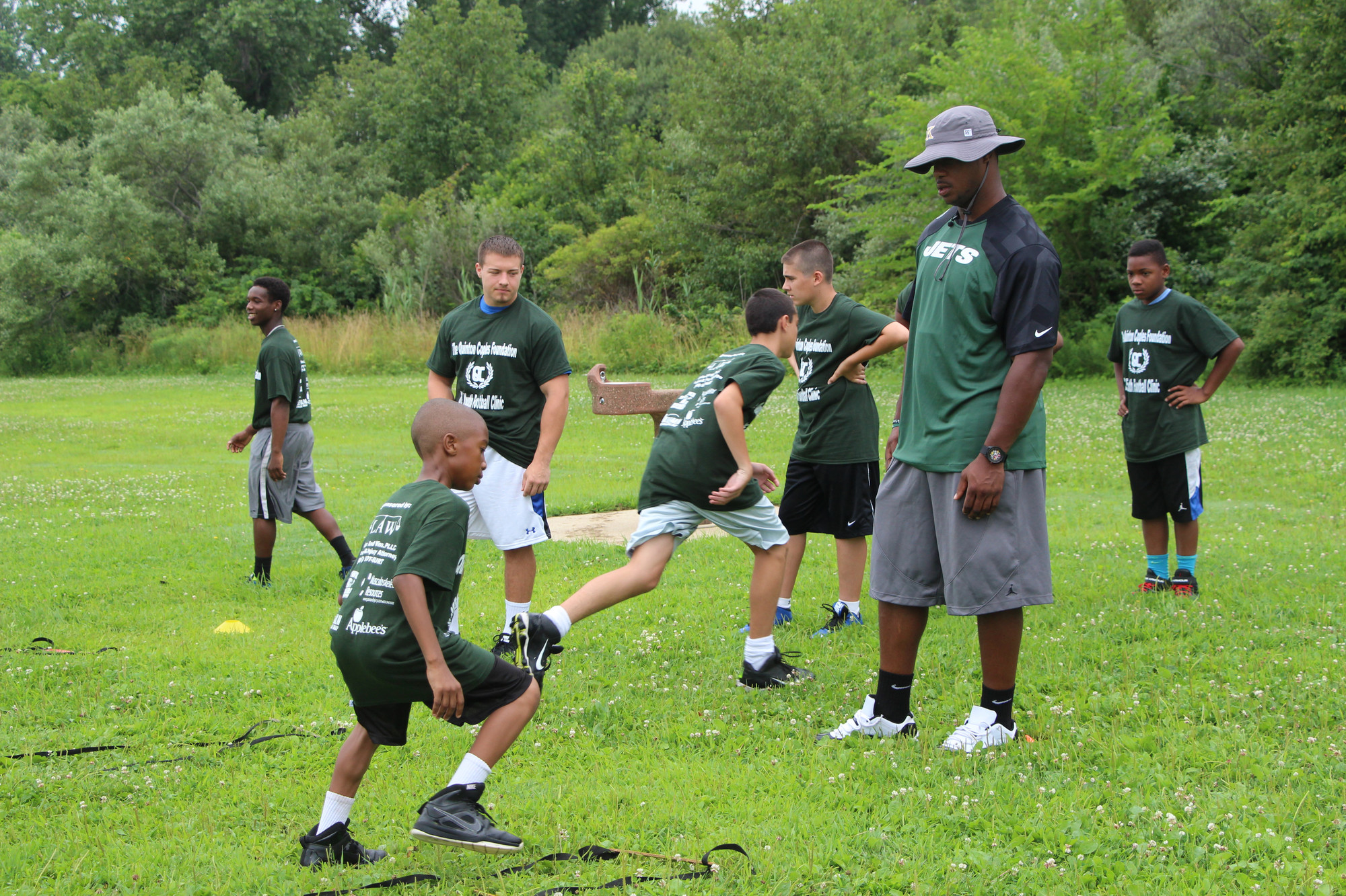 New York Jets defensive end Quinton Coples instructed local youth football players at a clinic on July 15 at Baldwin Park that benefited his foundation, which helps children in need.