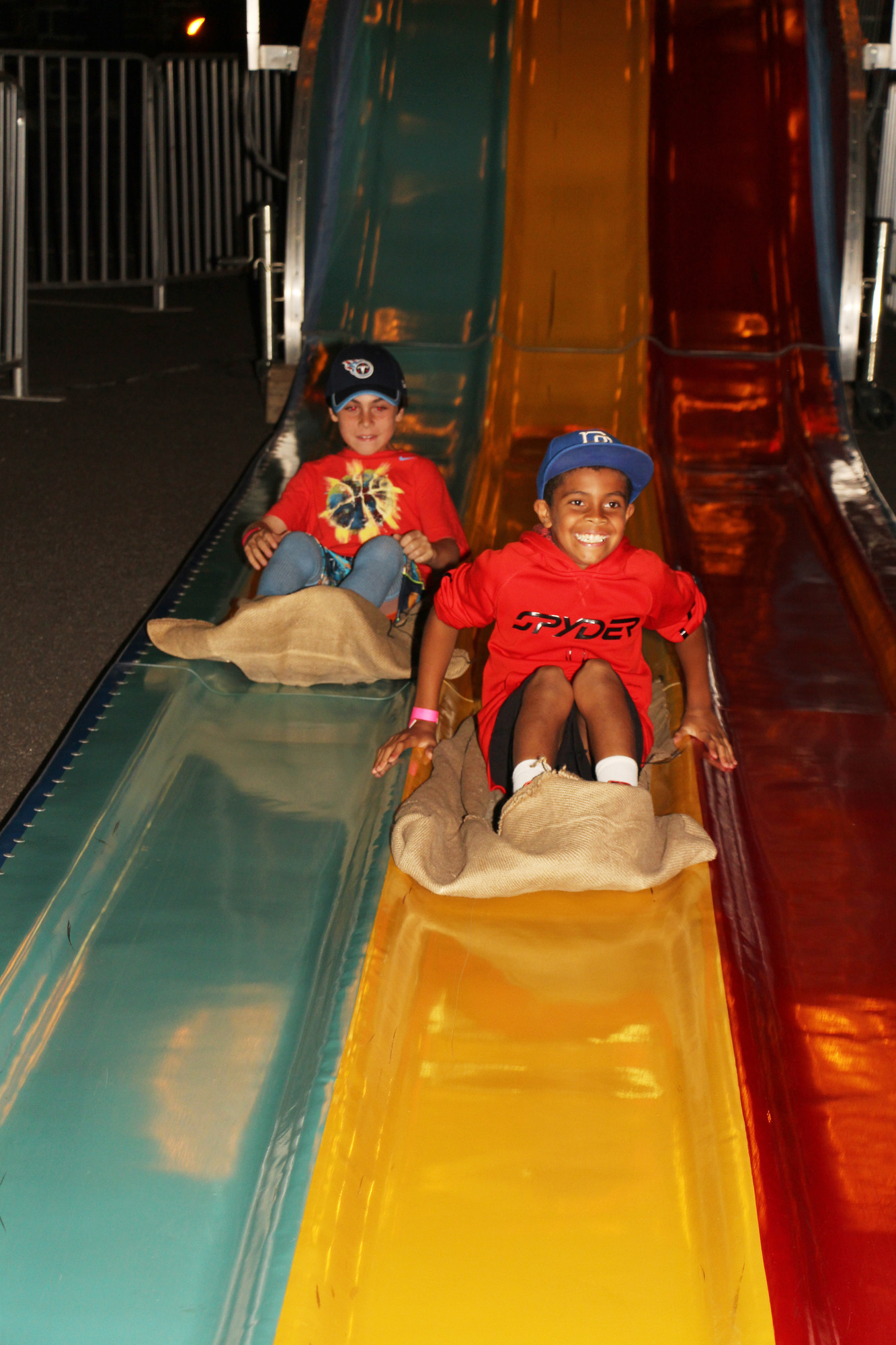 Tyler Ramos, right, and his friend Lucas Borello, each 10 years old, had a blast on the slide.
