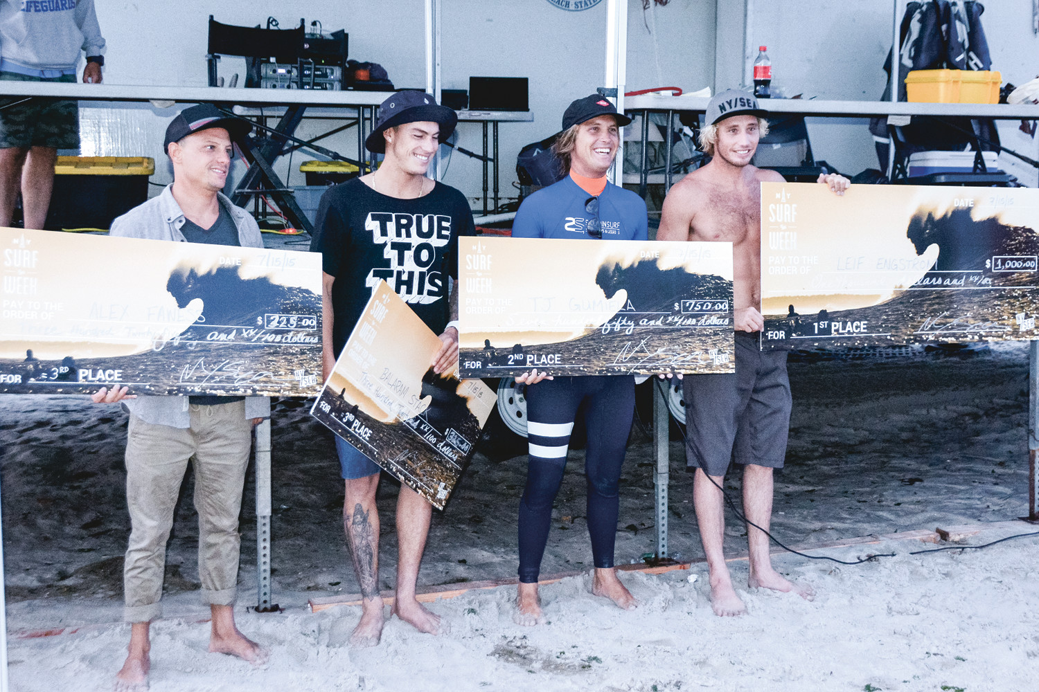 Finalists Alexander Fawess, far left, Balaram Stack, TJ Gumiela and Leif Engstrom dominated the competition on July 15 to kick off NY Surf Week.