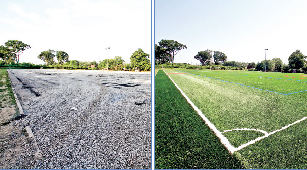 Skelos Field North was stripped down to its gravel underlayer last week, left, and new artificial turf was put down to rejuvenate the field, which was worn from extensive use. (Christina Daly/Herald)