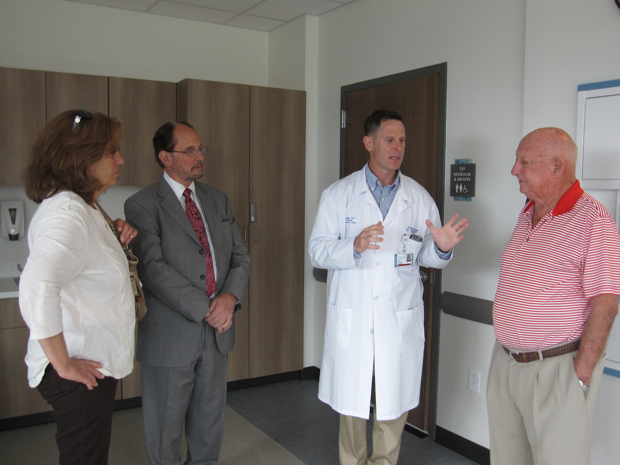 Chamber of Commerce Executive Director Janet Cohen, far left; President Mark Tannenbaum; Dr. Joshua Kugler, South Nassau’s director of emergency services; and Stanley Fleischman, the chamber’s chairman emeritus, toured South Nassau’s new emergency department on July 6.