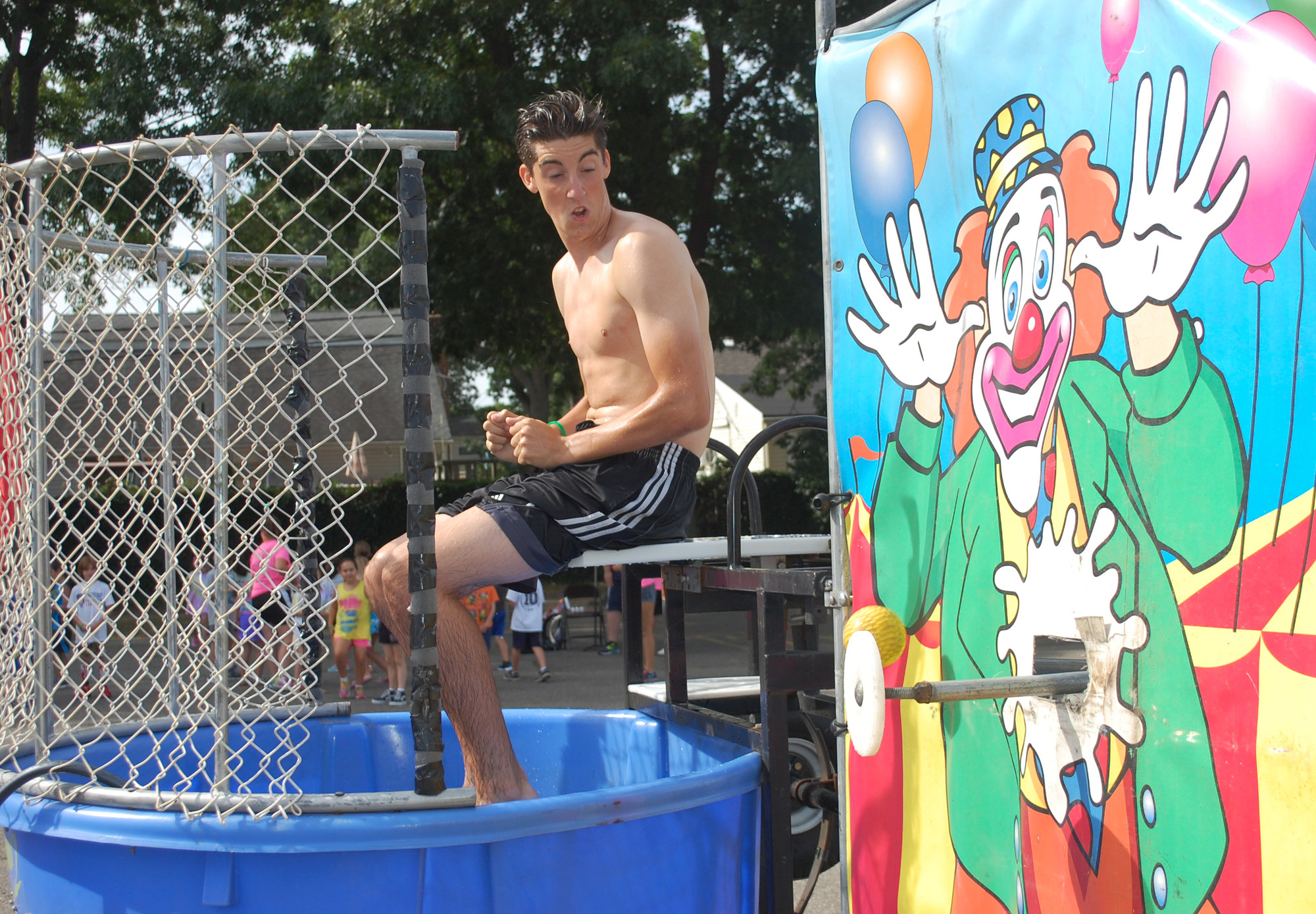 Steve Tappeto, first up in the dunk tank, watched a near miss.
