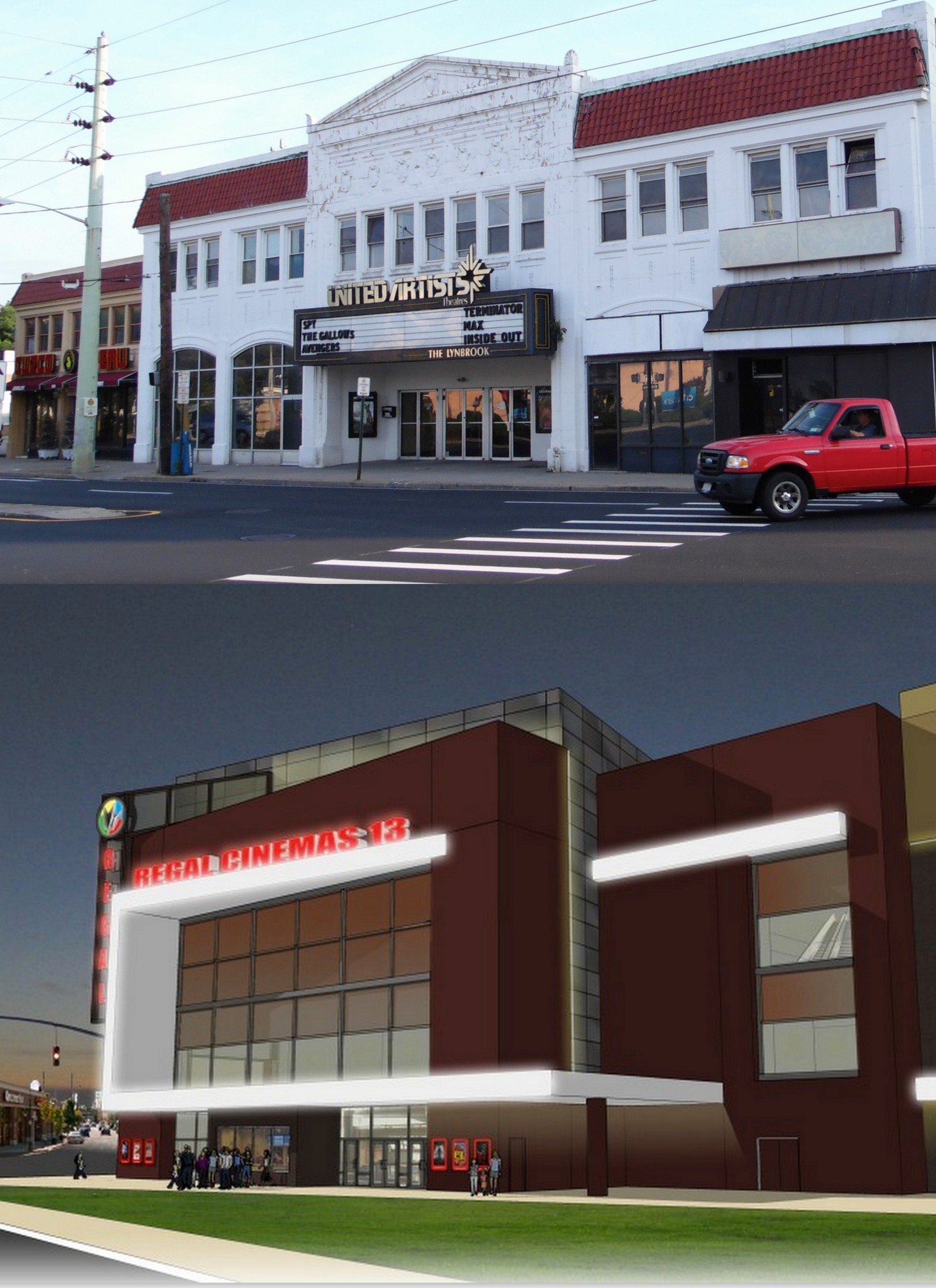 The current Lynbrook movie theater, top, and an artist’s rendering of its replacement.