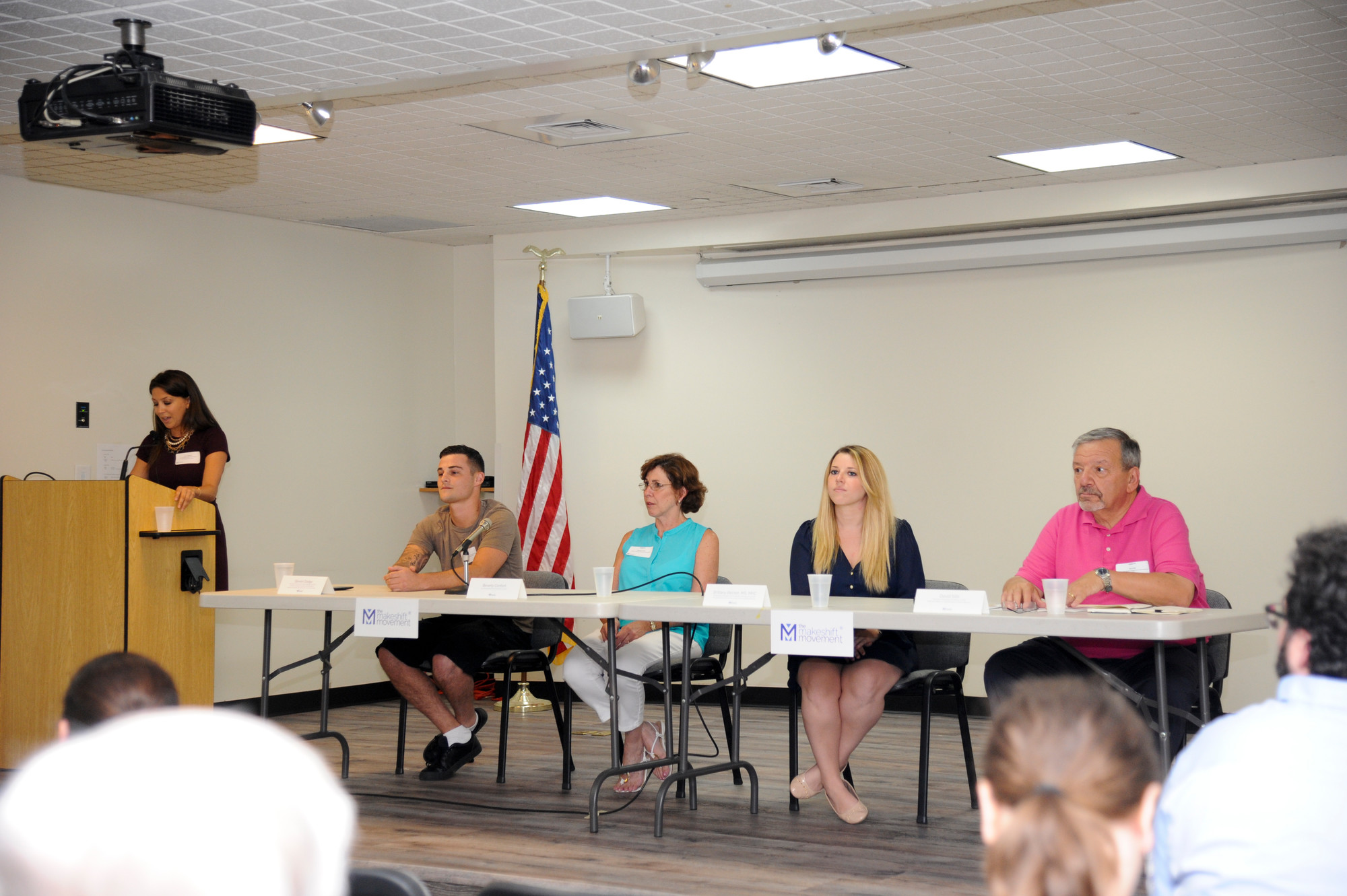 Jessica DiRocco spoke to panel members Steven Dodge, Beverly Conforti, Brittany Becker and David Sills.