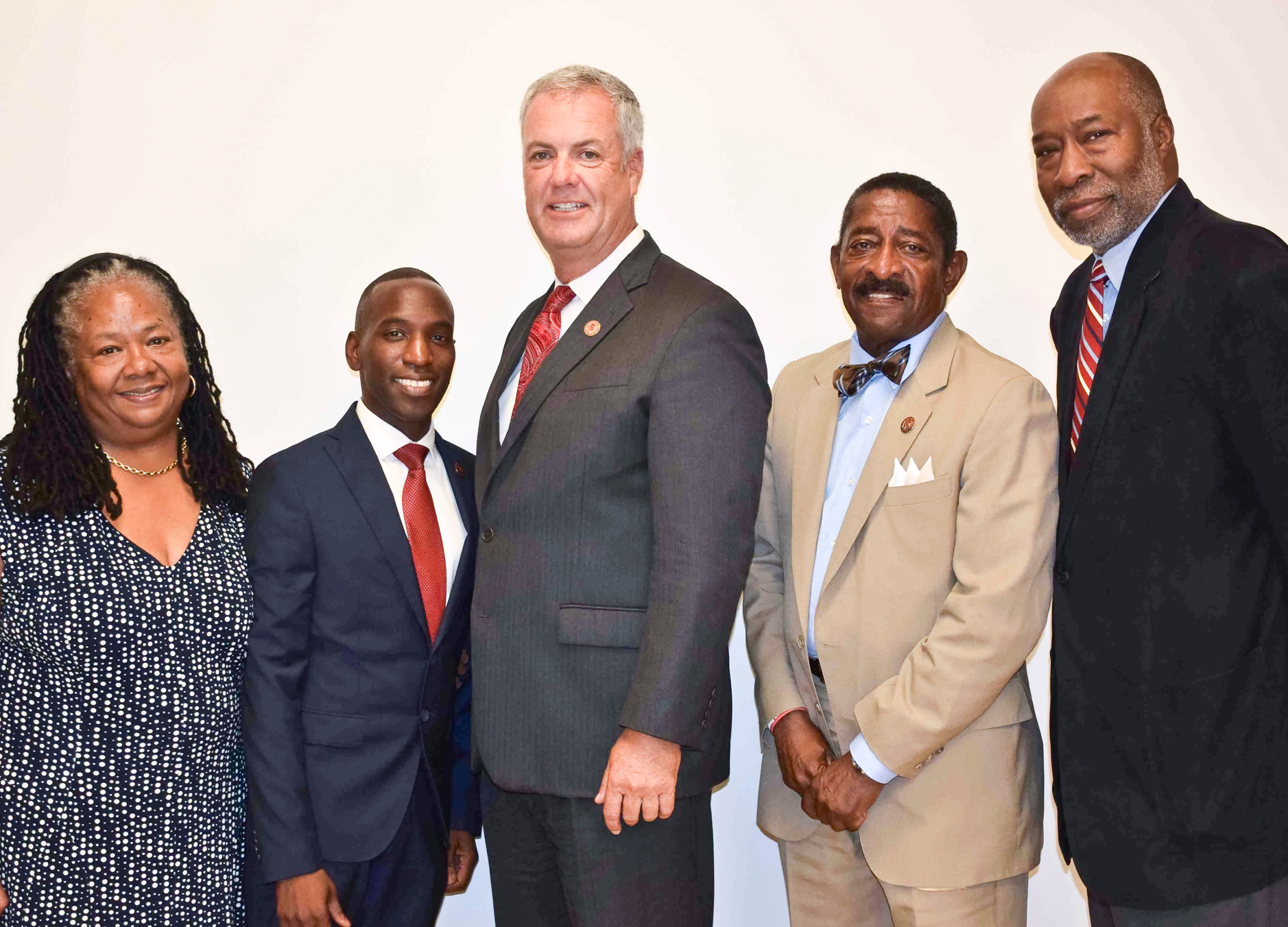 The Freeport Board of Education. From left are school board members Vilma Lancaster, Anthony Miller, President Michael Pomerico, Ron Ellerbe and Ernest Kight.