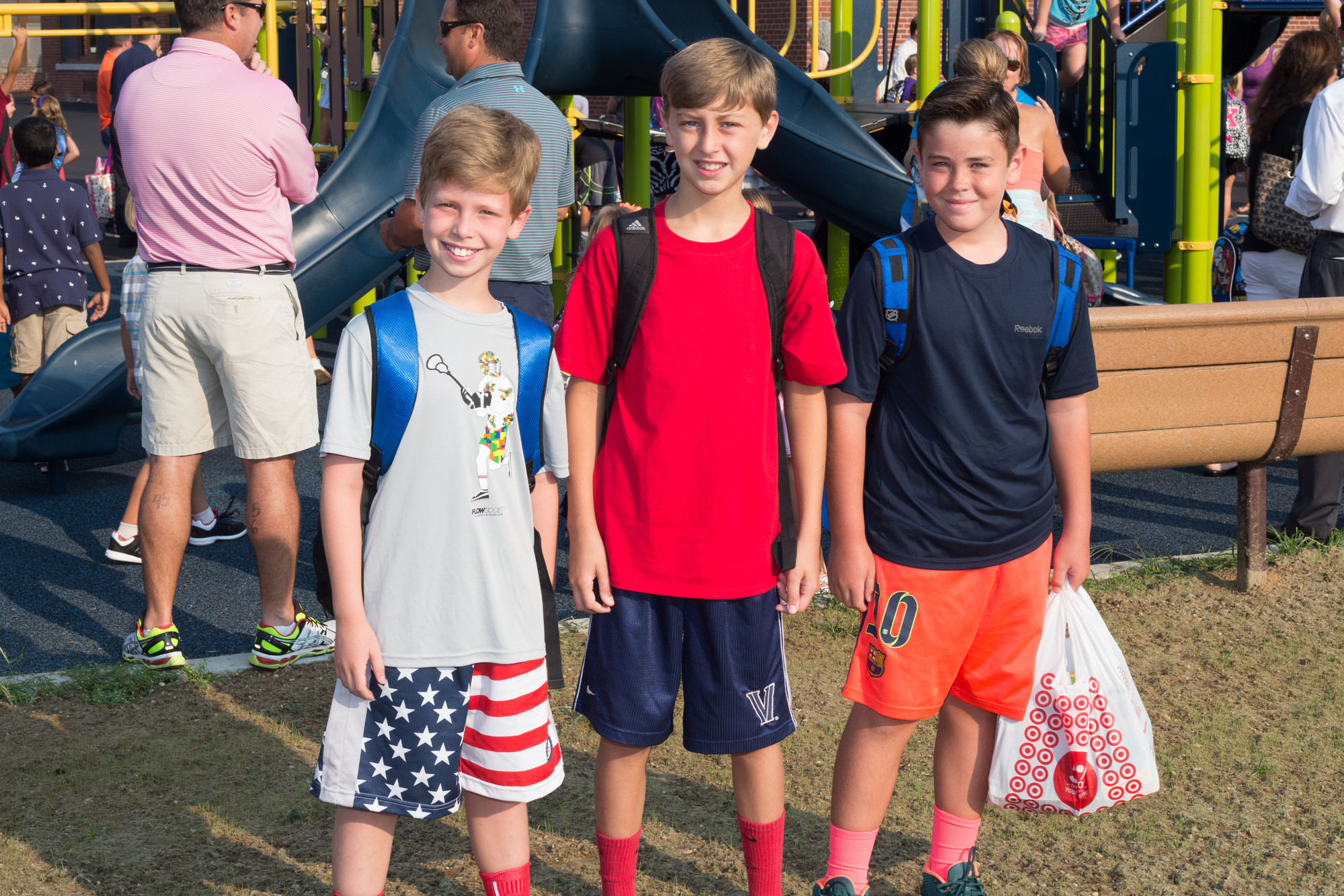Jake Greene, left, Chris Rosenbaum and Miles McGovern were all ready for their first day of fifth grade at Watson Elementary School on Tuesday. (Eric Dunetz/Herald)