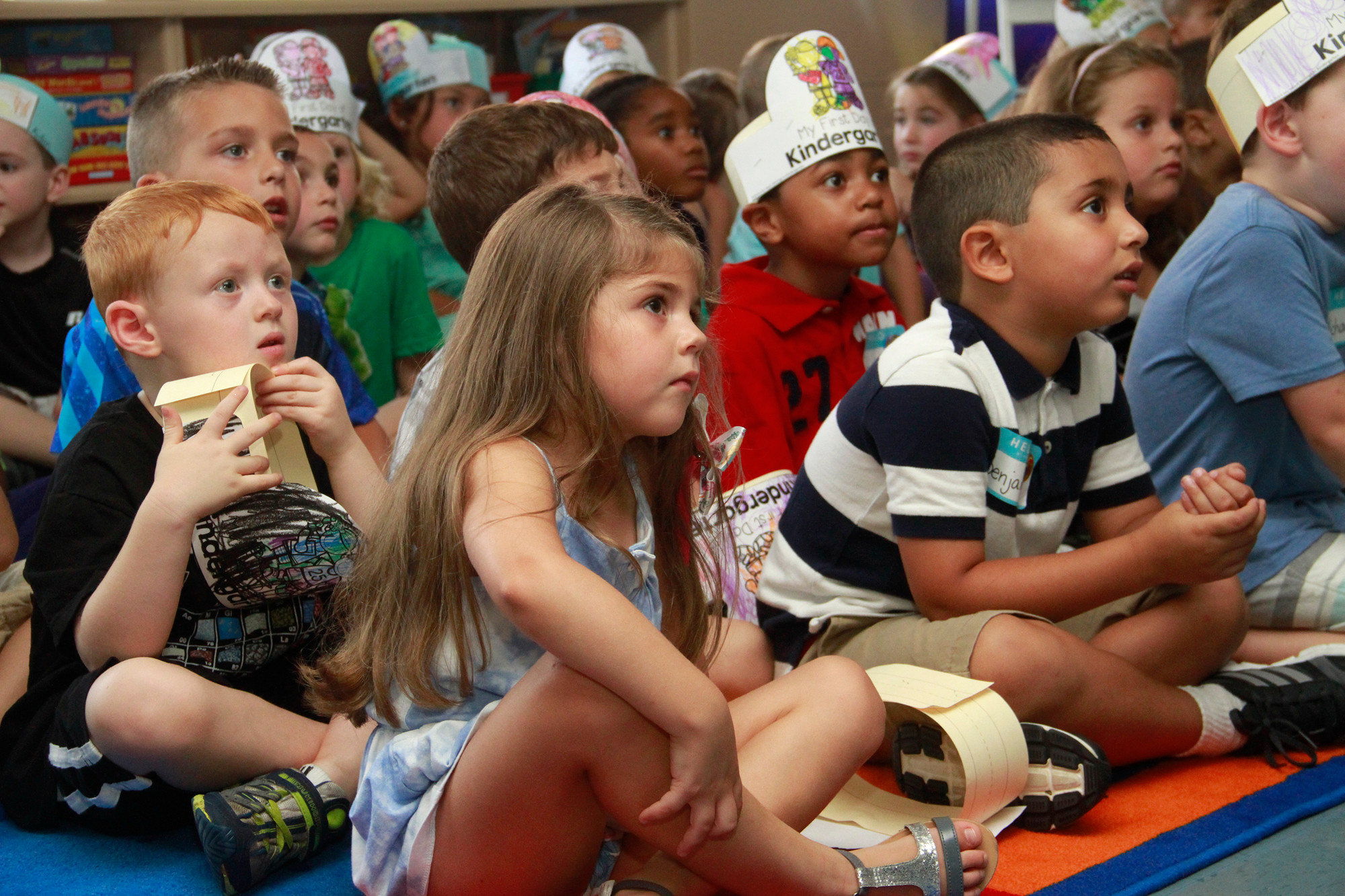 Kindergartners at Barnum Woods sat in a classroom on the first day of school on Sept. 2.