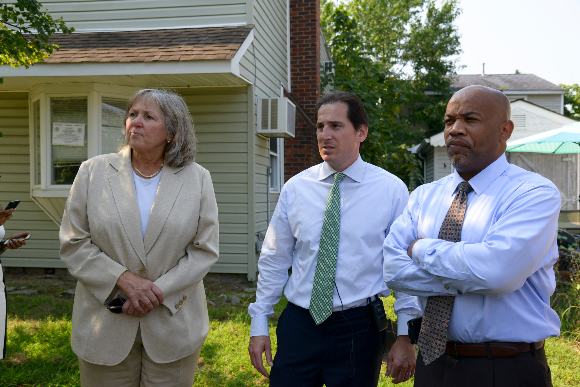 Officials took a tour of abandoned houses in Bay Park. From left  were County Legislator Denise Ford, State Assemblyman Todd Kaminsky and Assembly Speaker Carl E. Heastie.