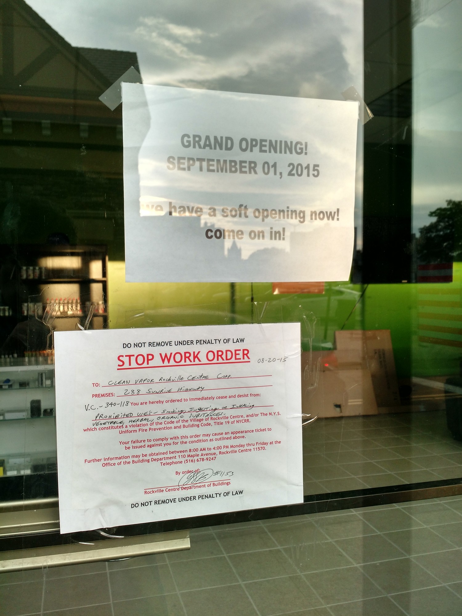 Clean Vapor Rockville Centre was open before receiving a stop work order.
