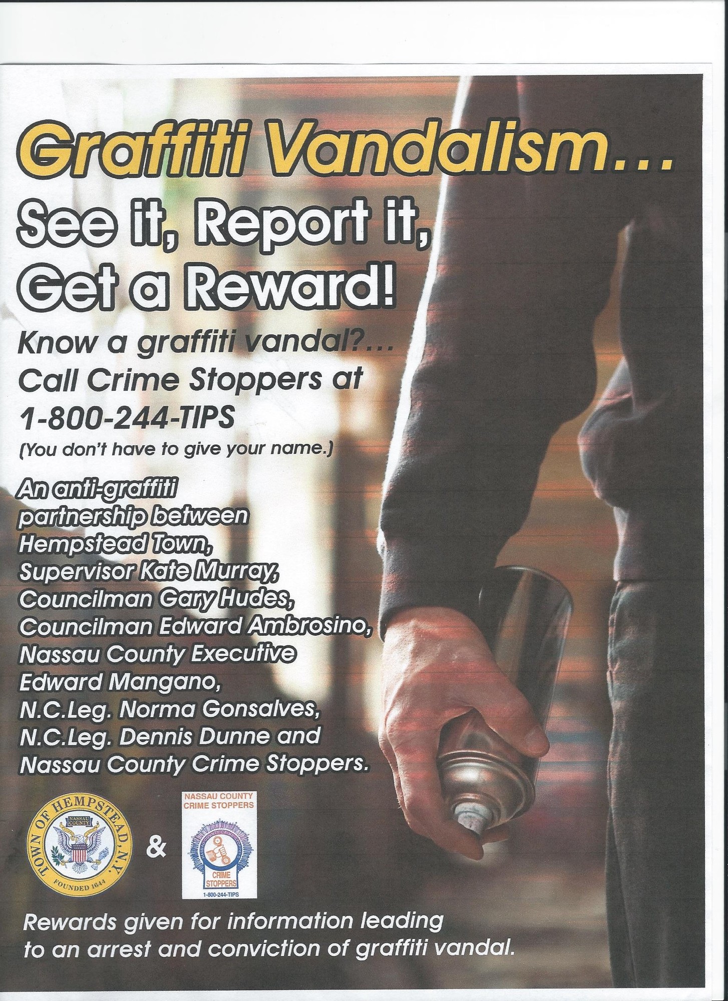 This flier, posted in East Meadow schools, offers cash rewards to anyone who reports information on graffiti  leading to an arrest.
