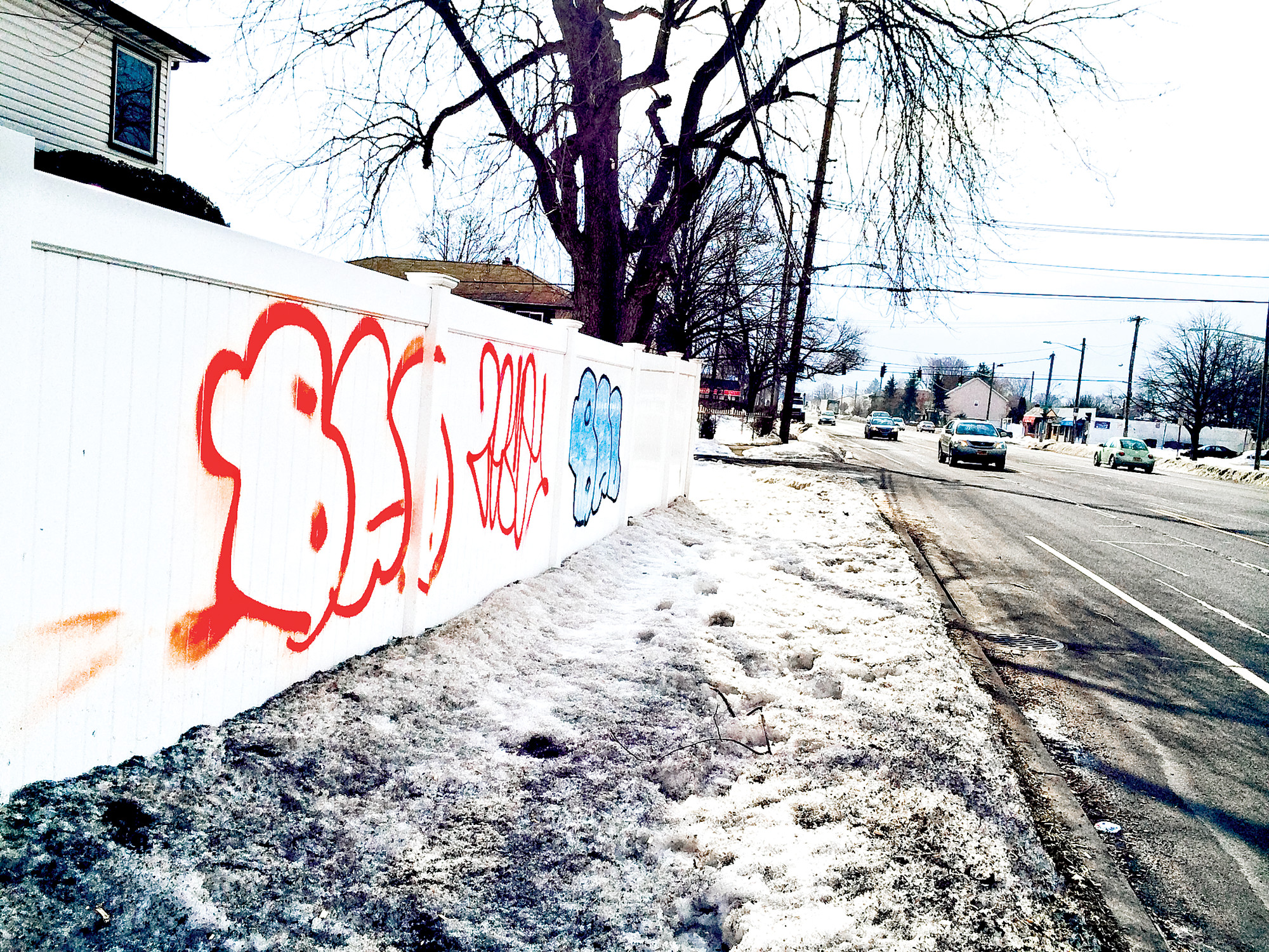 The increasing frequency of graffiti in East Meadow in recent months — here on a residential fence on Newbridge Road — has been a major complaint among residents.