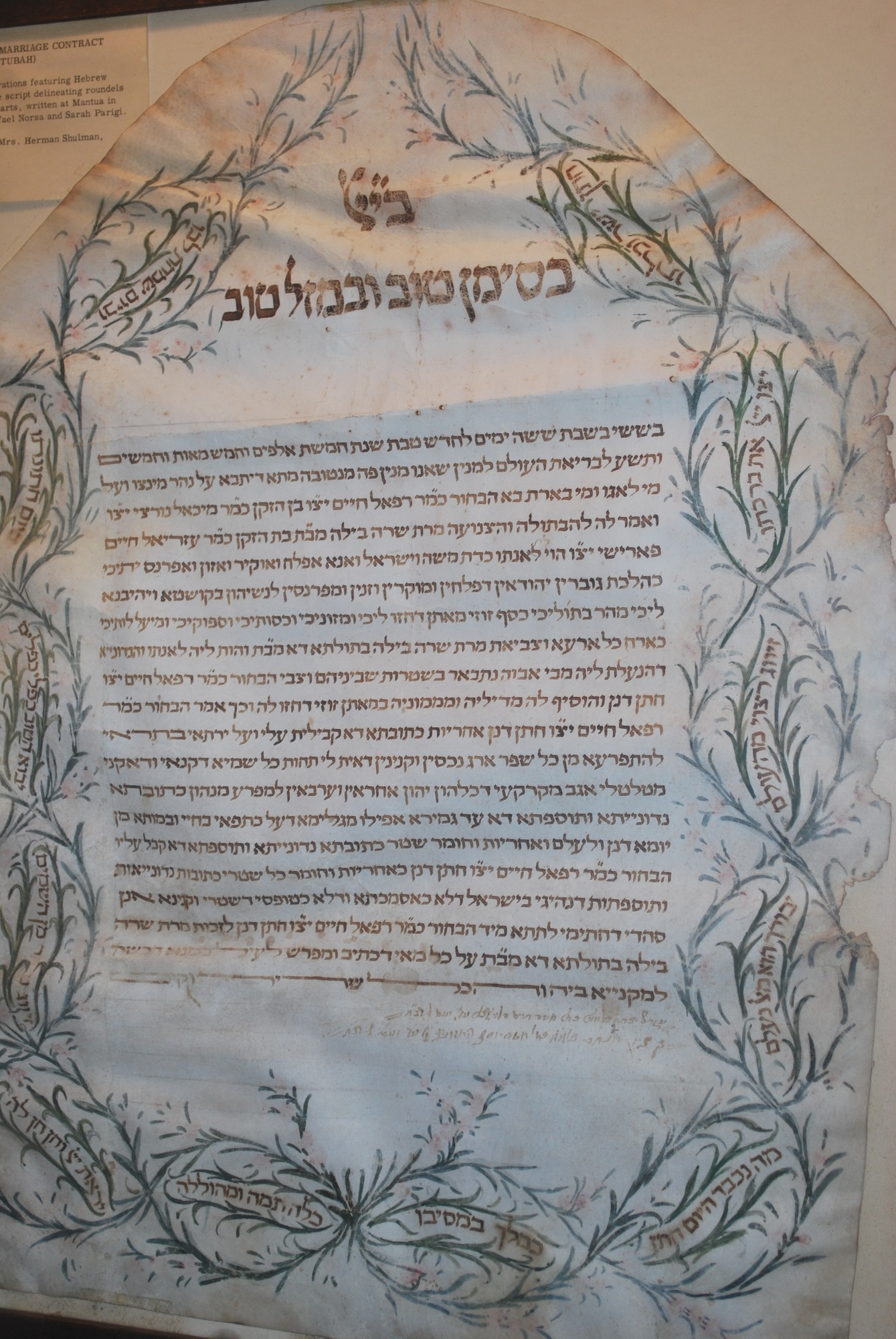 A 1799 ketubah on Italian parchment on display in the May Museum of Temple Israel. It is Jewish prenuptial agreement that outlines the rights and responsibilities of the groom, in relation to the bride.