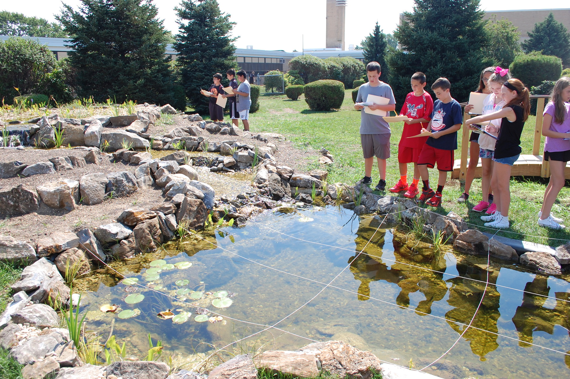Students from science research classes at Jonas Salk Middle School were the first to visit the pond at Levittown’s new Outdoor Learning Center on Sept. 17.