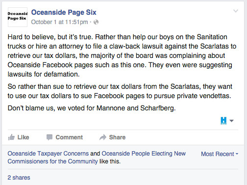 Oceanside Page Six posted this message in response to a possible defamation lawsuit.