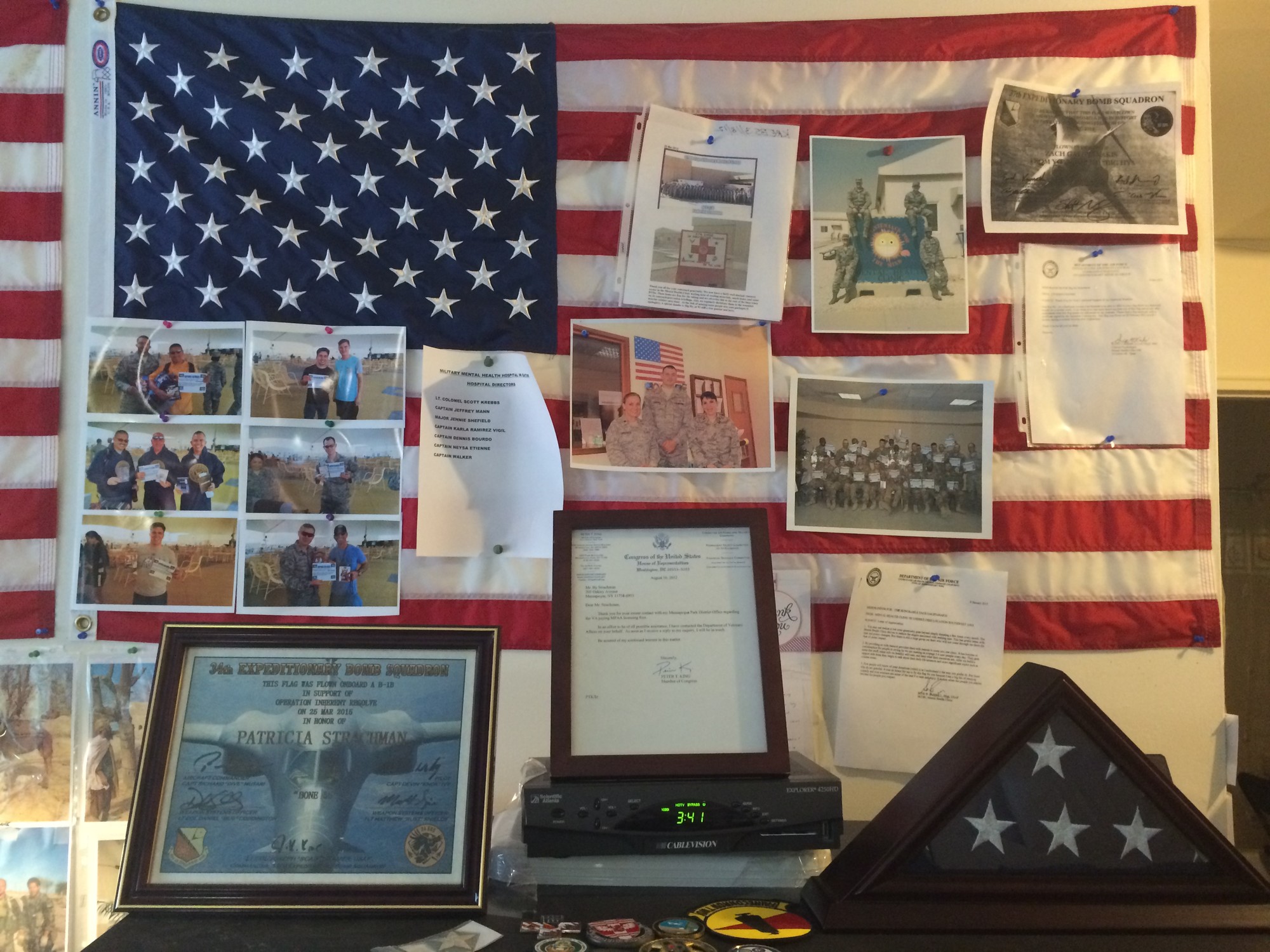 Strachman’s Massapequa apartment features numerous photographs and other mementos from his time serving in the army. He is a World War II veteran.