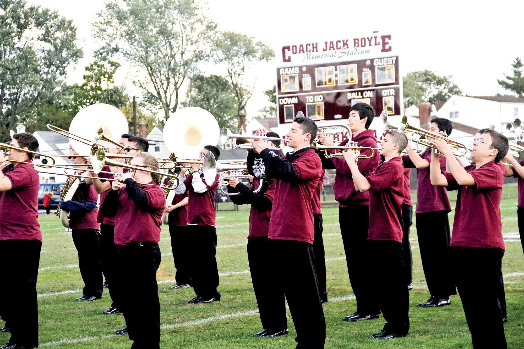 The marching band played at halftime, as the Rams were leading visiting Island Trees, 21-0.