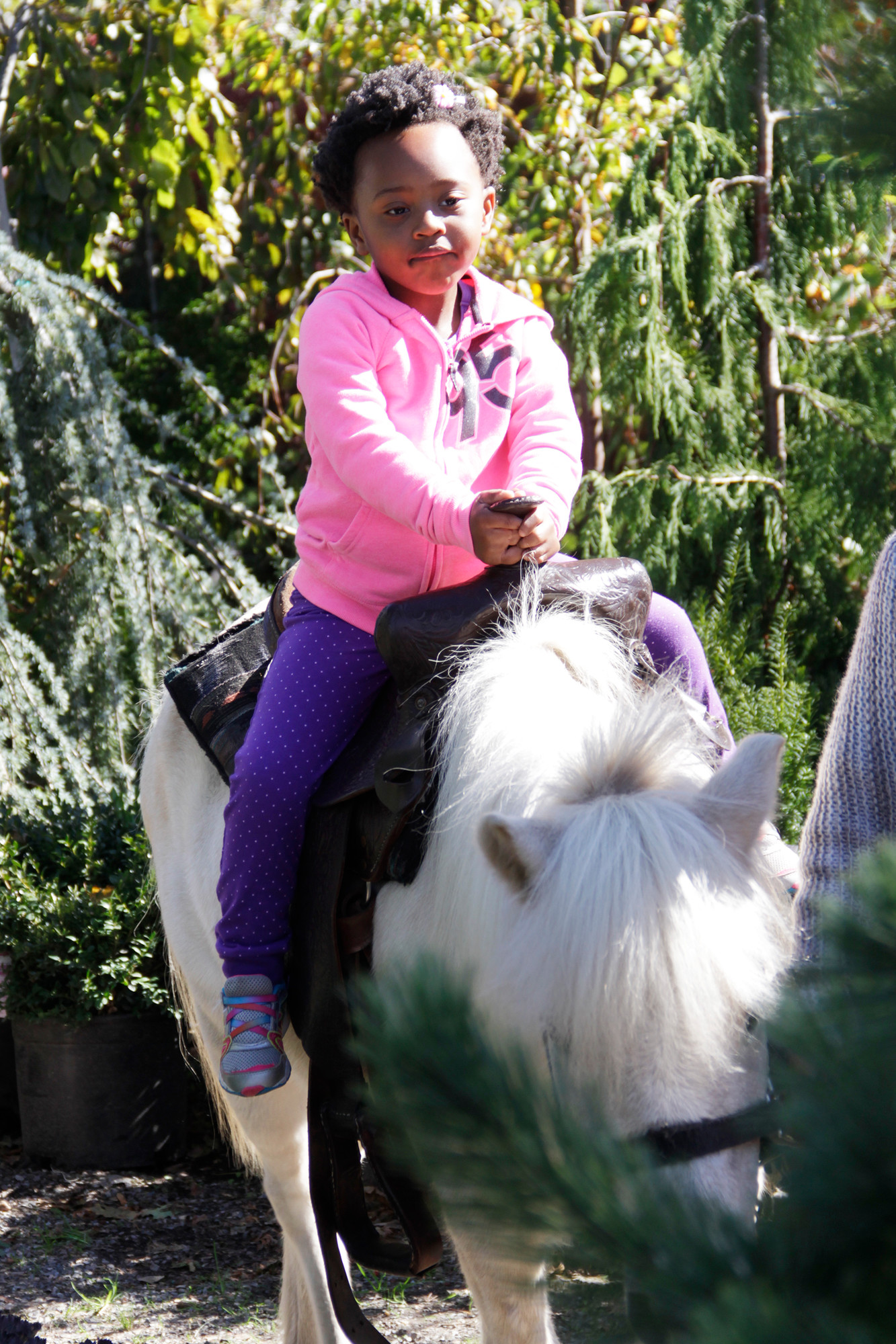 Keagan Love-O’Keefe, 3, rode her way around Cipriano’s gardens.