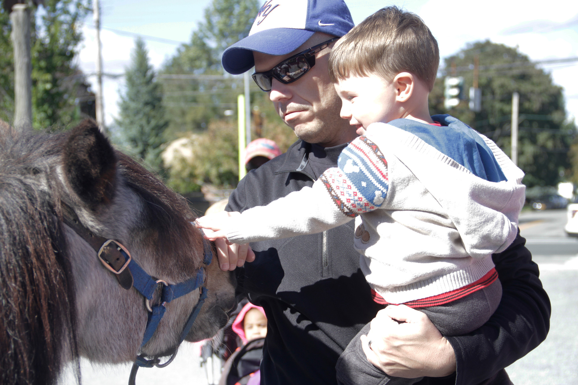 Two-year old Ryan and his dad, Anthony Longworth, pet one of the ponies.