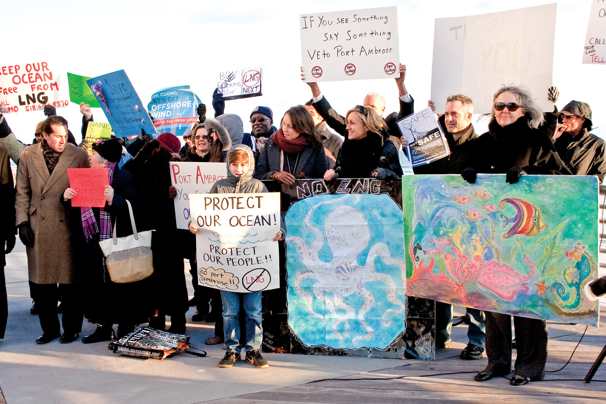Protestors criticized the proposed Port Ambrose LNG terminal at a press conference on the boardwalk earlier this year.