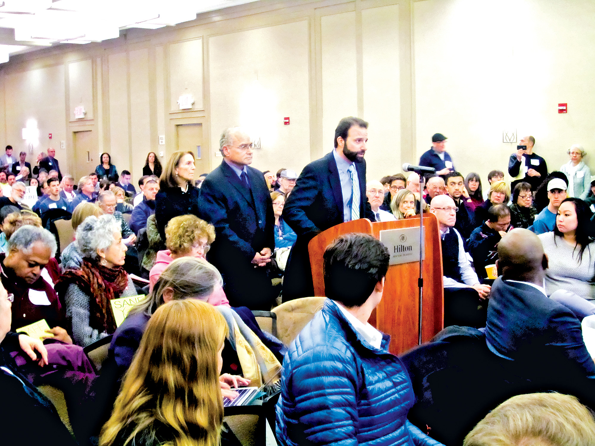 City Council members Fran Adelson, far left, Len Torres and Anthony Eramo spoke in opposition to the Port Ambrose pipeline at a public hearing in January.