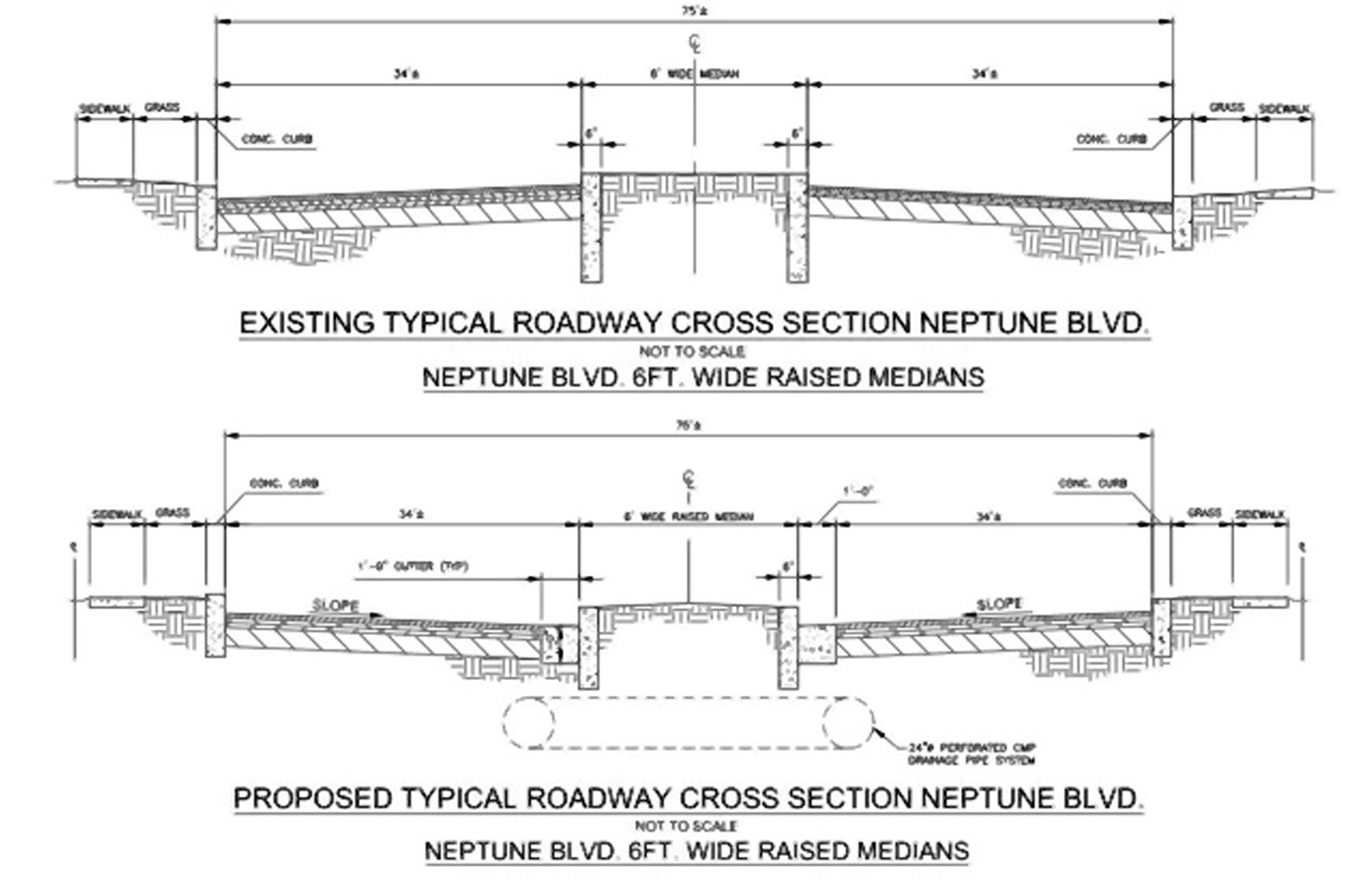 Artists’ renderings comparing the current design of Neptune Boulevard with the planned addition of retention chambers that would mitigate flooding by storing storm water.