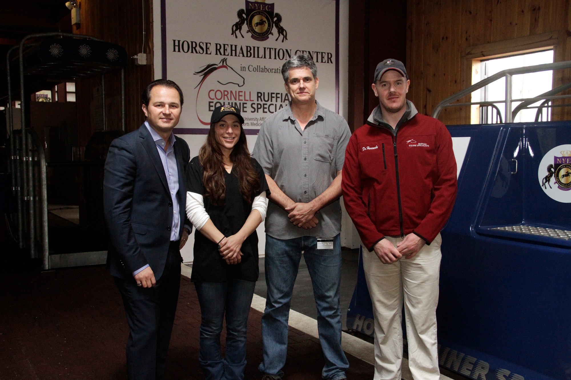 Alex Jacobson, who owns both the New York Equestrian Center and the rehab center, left, with the center’s general manager, Denise Smith, and Drs. Sam Hurcombe and Tom Yarbrough of Cornell Equine Ruffian Associates.
