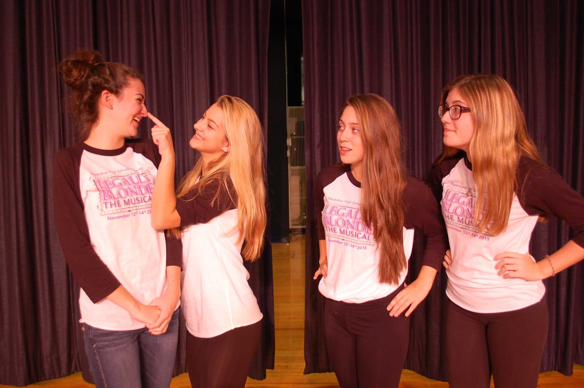 Lead Actress Danielle Ducey, left, who stars as Elle Woods, with her on-stage sorority sisters, Margo (Gia Gatt), Pilar (Camilla Montoya) and Serena (Michelle Shapiro).