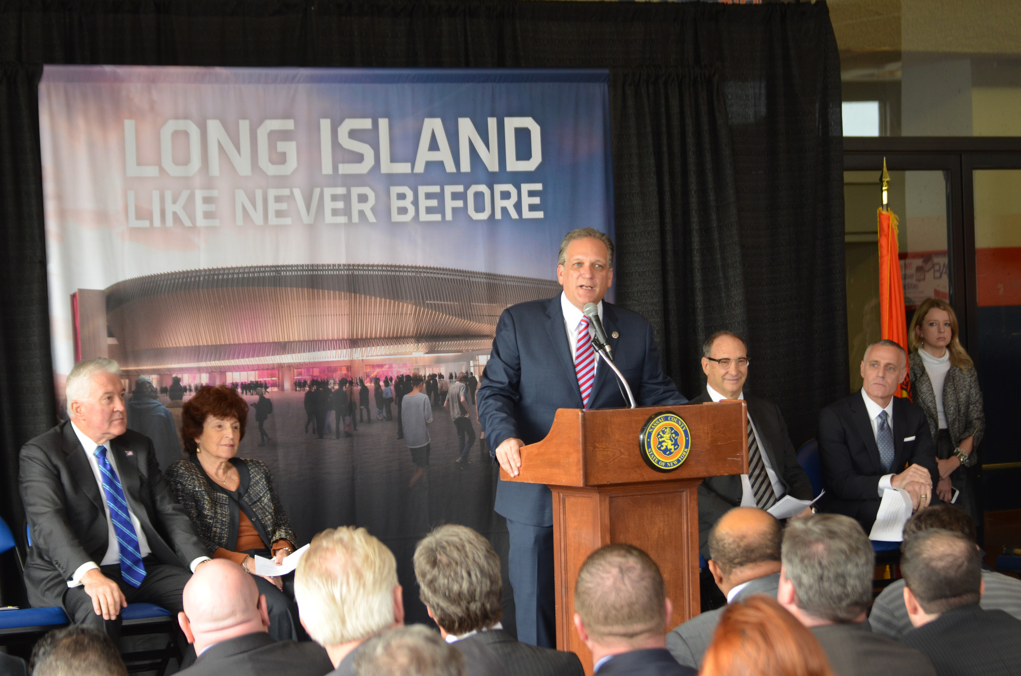 Several officials spoke at the ceremony, including Dick O’Kane, president of the Nassau-Suffolk Building Construction Trades Council; Norma Gonsalves, presiding officer of the Nassau County Legislature; Mangano, above; Ratner and Brett Yormark, CEO of Barclays Center.