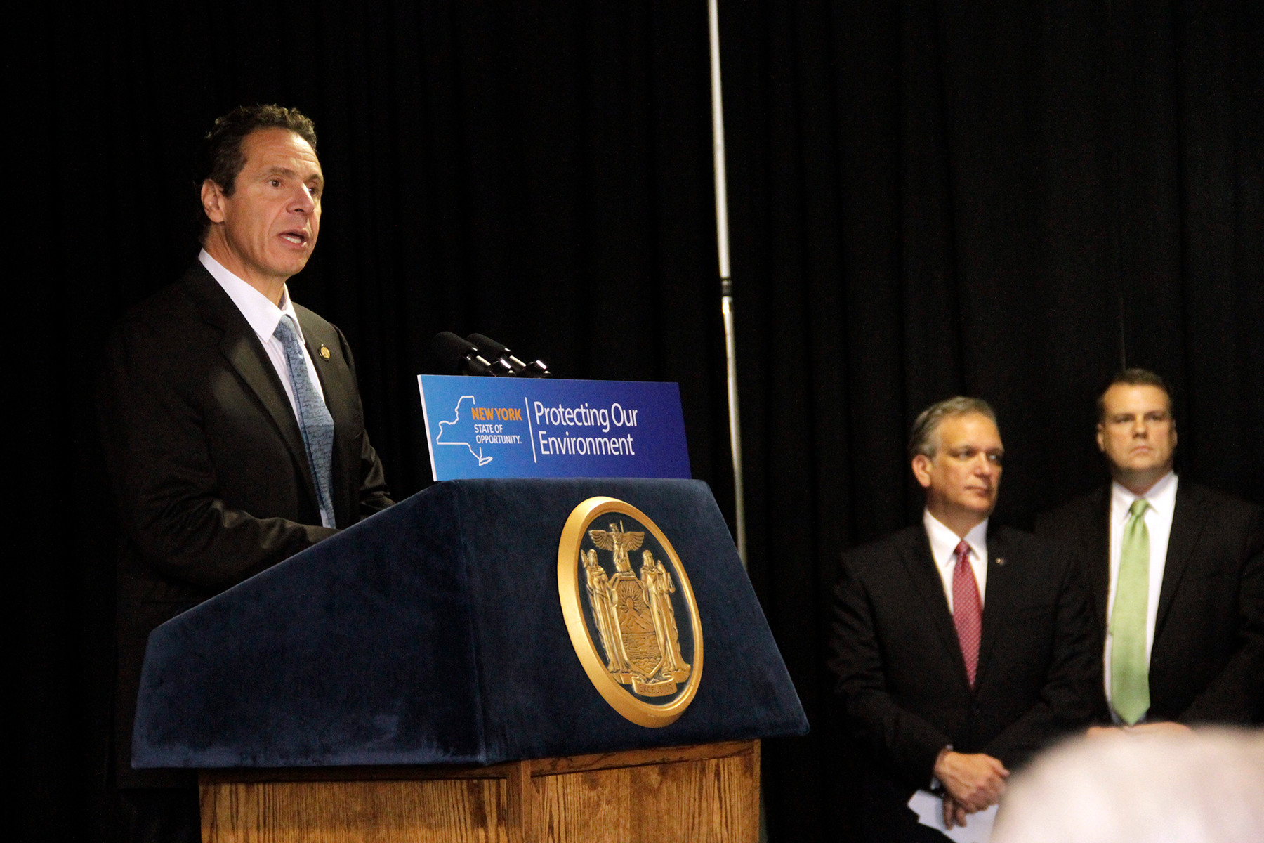 Susan Grieco/HeraldGov. Andrew Cuomo announced that he would veto the proposed liquefied natural gas import facility Port Ambrose at a press conference at the Long Beach Ice Arena on Nov. 12.