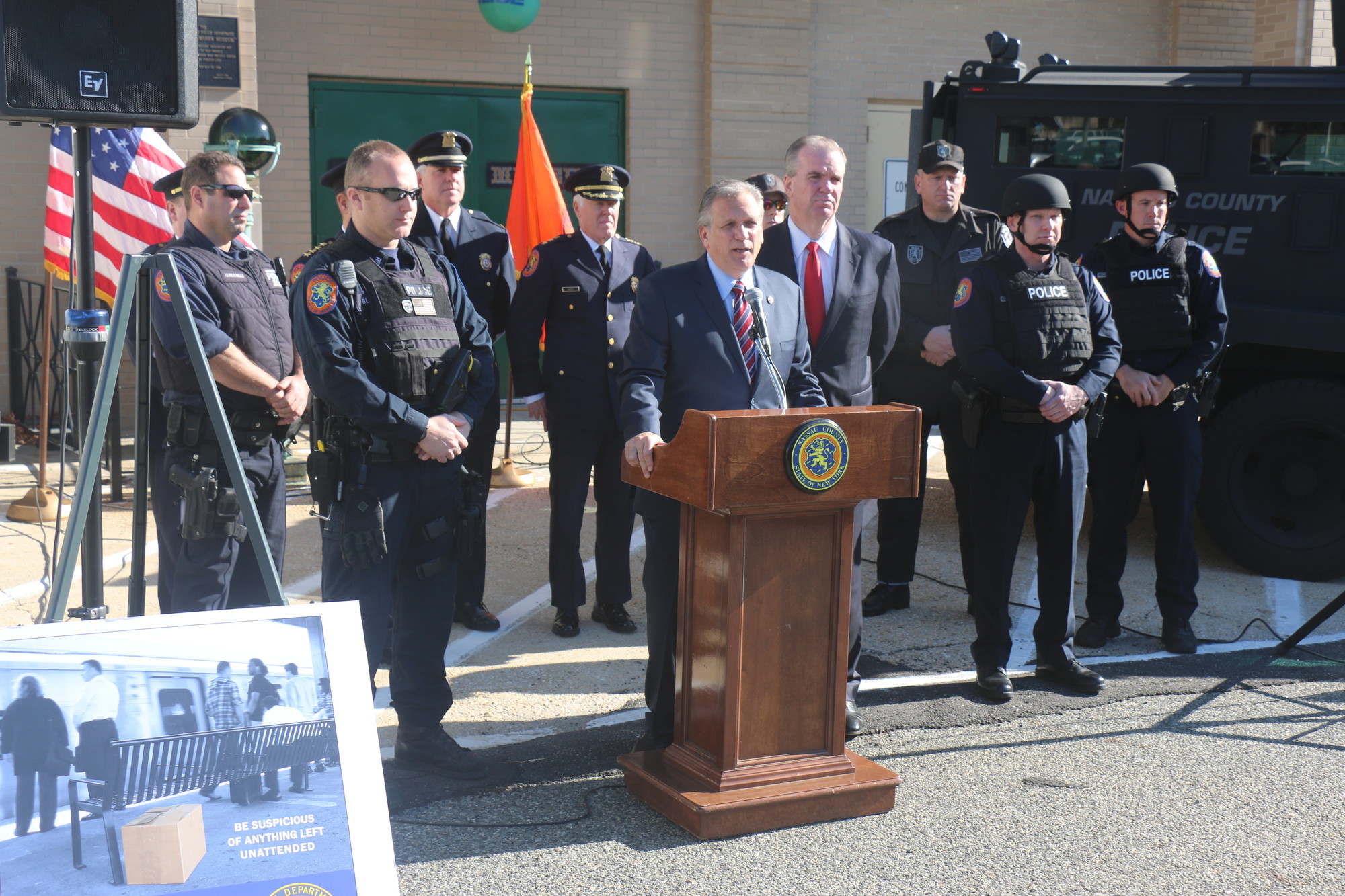 County Executive Edward Mangano spoke to the media about increased patrols in the county in the wake of the attacks in Paris.