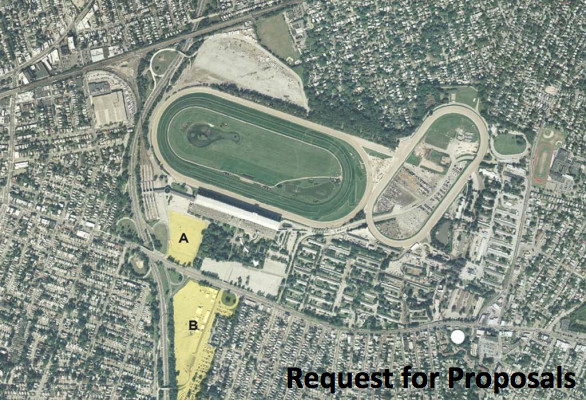 A satellite view of Belmont Park. The state has declined to comment on the status of parcel A, north of Hempstead Turnpike and east of the Cross Island Parkway