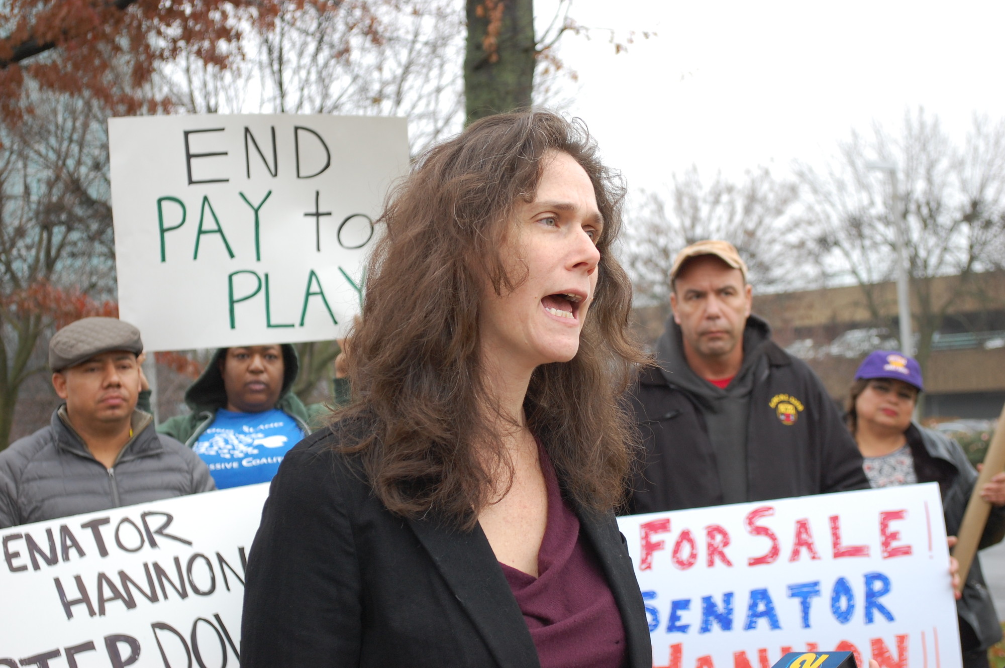 Lisa Tyson, director of the Long Island Progressive Coalition, called for publicly financed elections in light of Hannon’s personal investments.