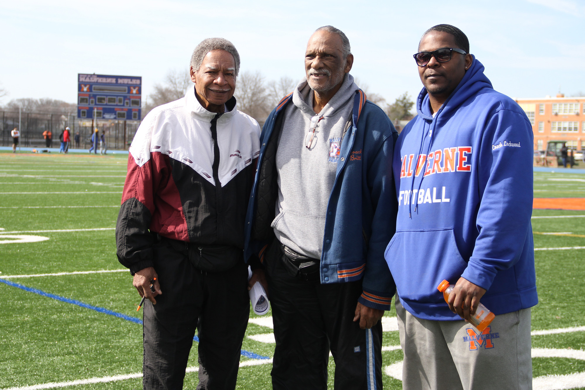 Colbert Britt, center, is flanked by Charles Nanton of the Lakeview Youth Federation, left, and Kito Lockwood, football coach at Malverne High School. The photo was taken at an event honoring Britt for his years of service in the community.