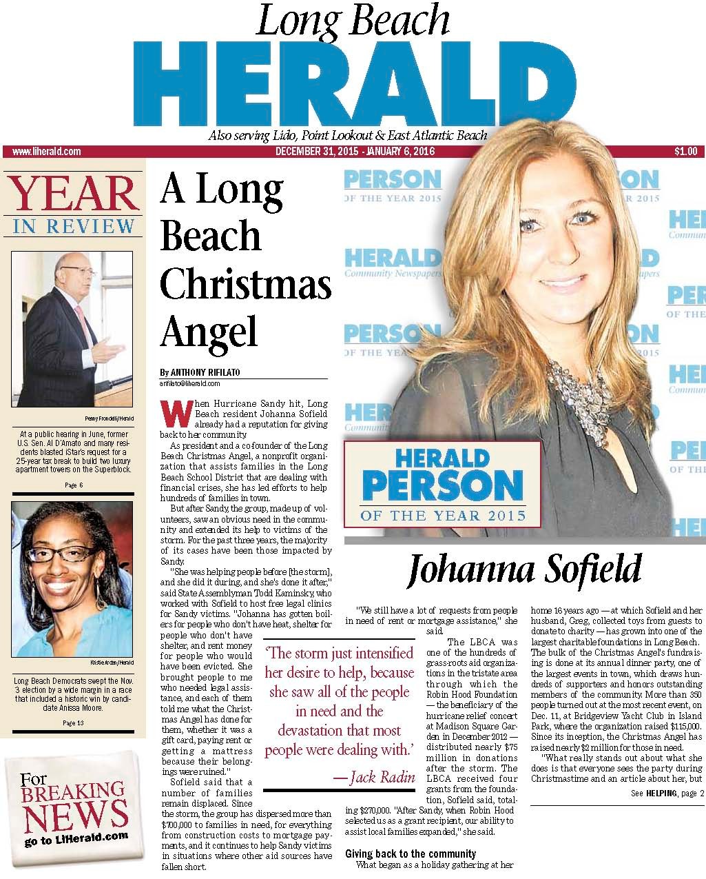 Johanna Sofield, president and co-founder of the nonprofit organization the Long Beach Christmas Angel, is the Herald's 2015 Person of the Year.