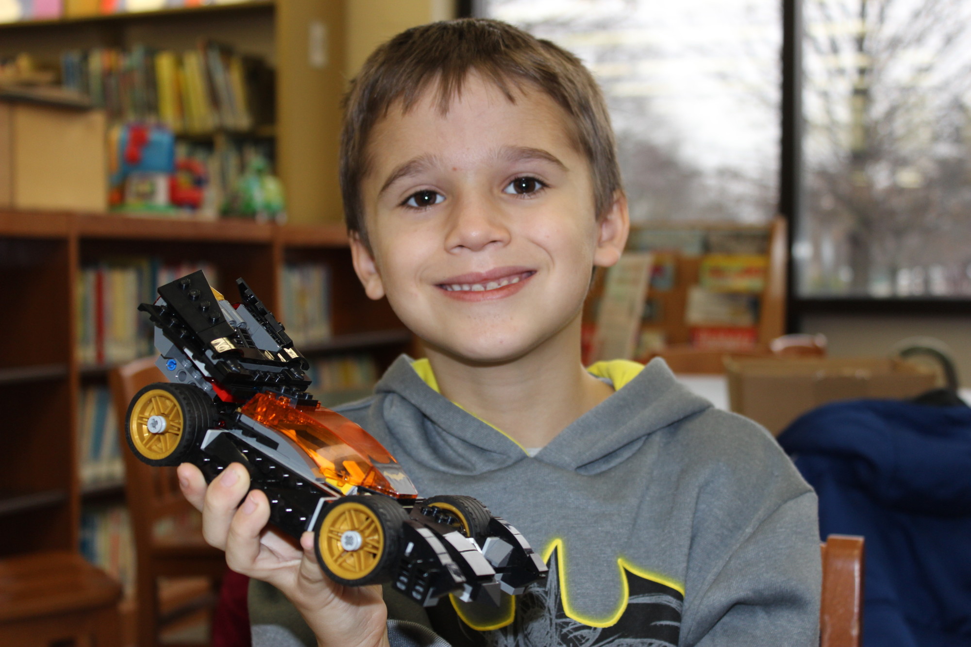 Ethan Lahey, 7, constructed a LEGO Batmobile.
