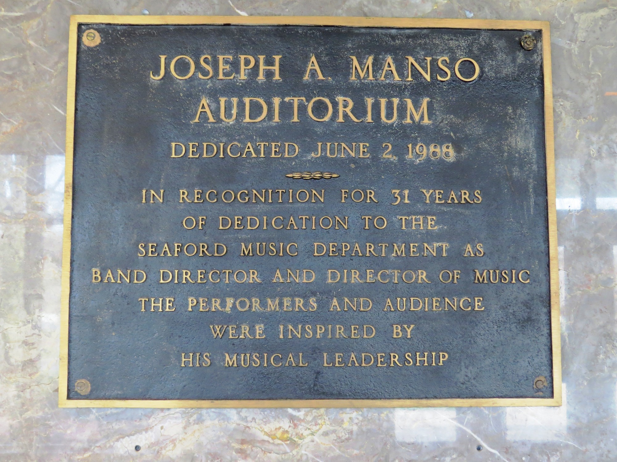 The Seaford High School auditorium was renamed in Joseph Manso’s honor upon his retirement from the district in 1988.
