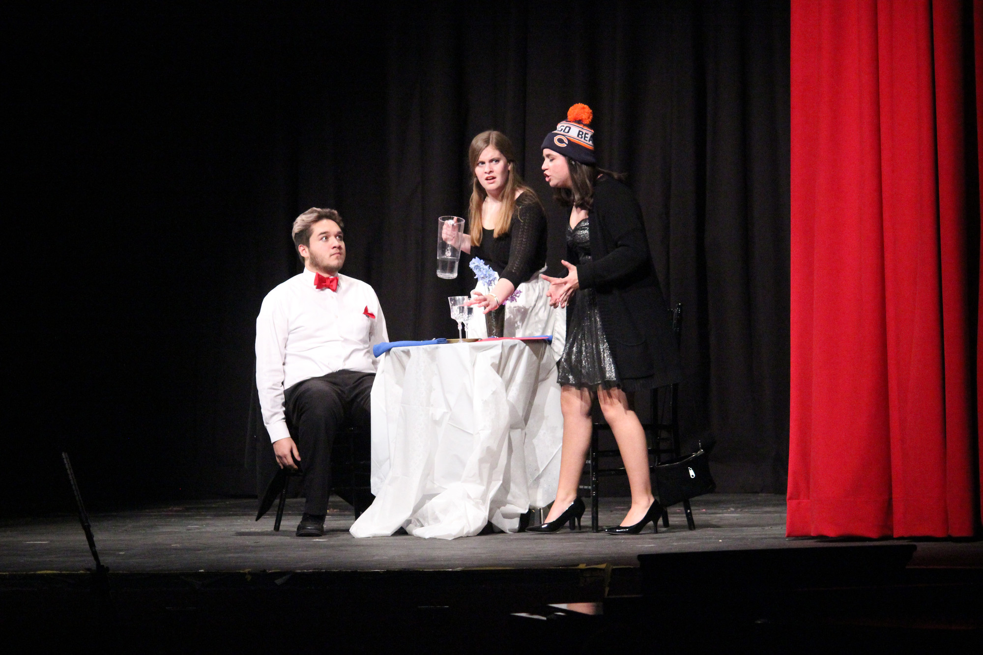 On Jan. 9, South Side High School students staged a series of student-directed one-act comedies for their I.B. Theater class. Above, in “Check, Please,” Connor Coniglio was taken aback when his blind date, played by Lane McKenna, turned out to be an overzealous Chicago Bears fan. Julia Baxley played the waitress. (Theresa Press/Herald)