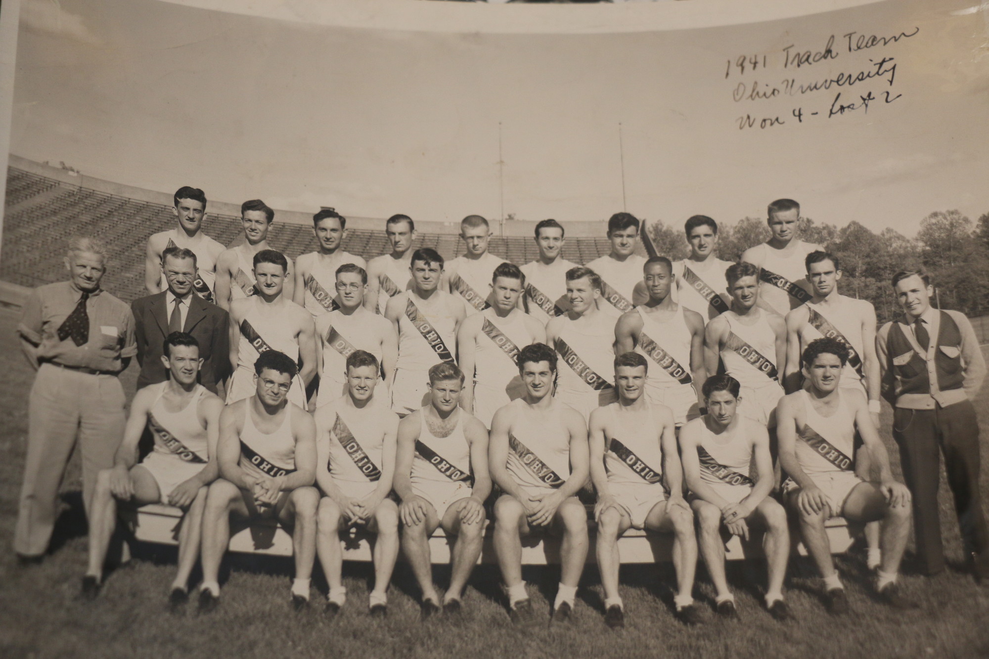 Benson ran track at Ohio University in 1941. He is third from left in the back row.