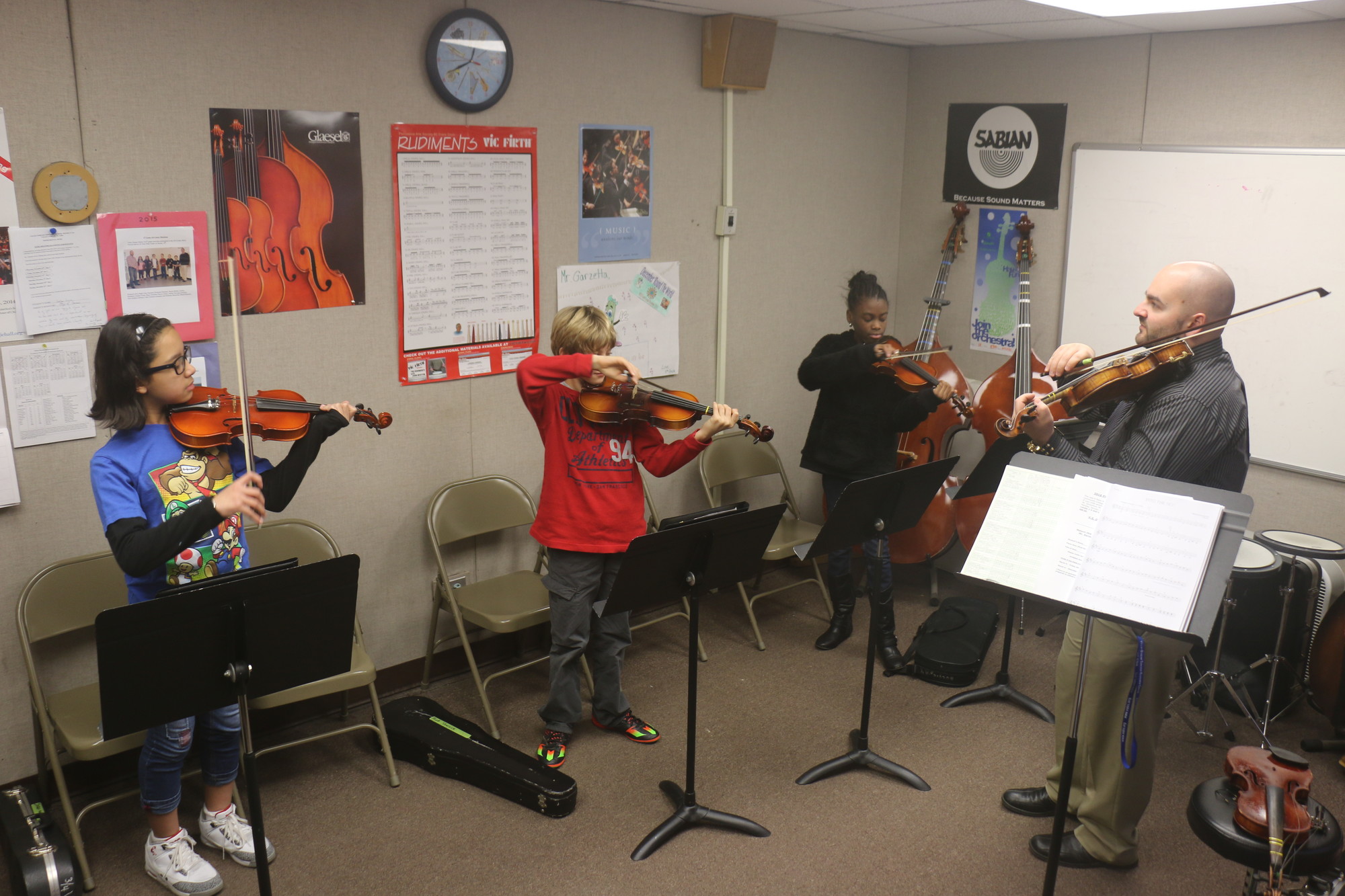 The music room at the William L. Buck School fits only a few students at once.