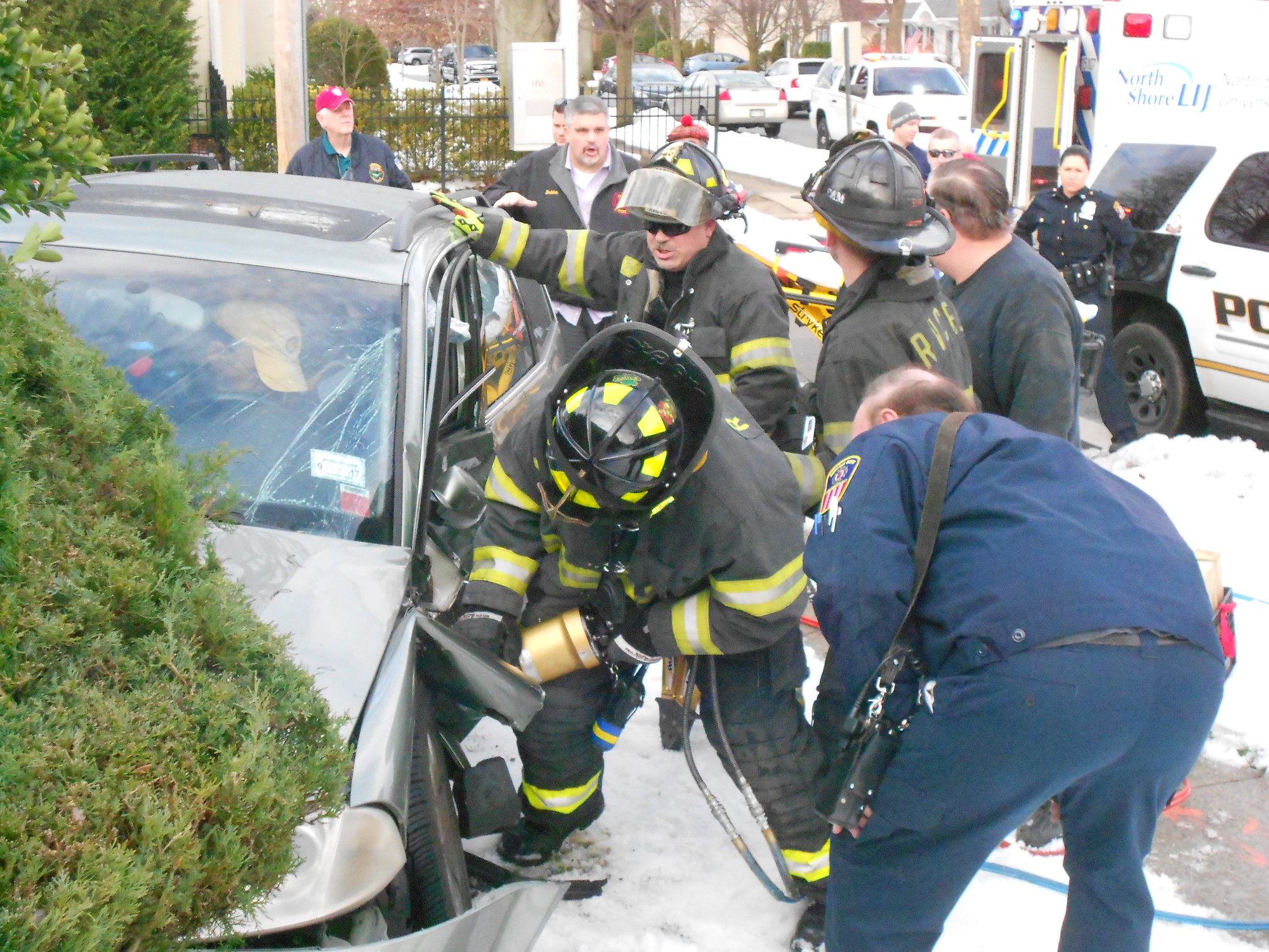 Members of Reliance Hose Co. 3 and Floodlight Rescue Co. No. 1 used the Hurst Cutter tool and the Hurst Spreader tool to open the driver’s door and remove a man pinned in his car at the intersection of Long Beach Road and Princeton Road on Feb. 1.