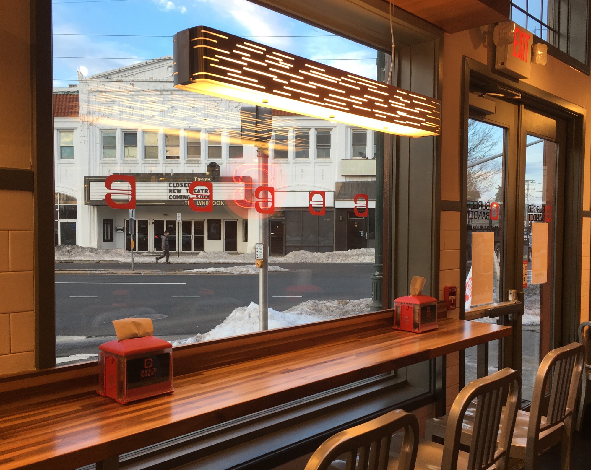 The view from inside the Burger Bandit on Broadway, across from the theater. Owner Chris Holmes said that he doesn’t think his business will be affected too much by the theater’s temporary closure.