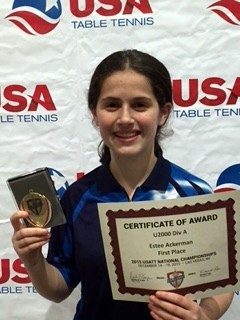 Estee Ackerman with the gold medal she won after competing in the USA Table Tennis Association's national championships in December.