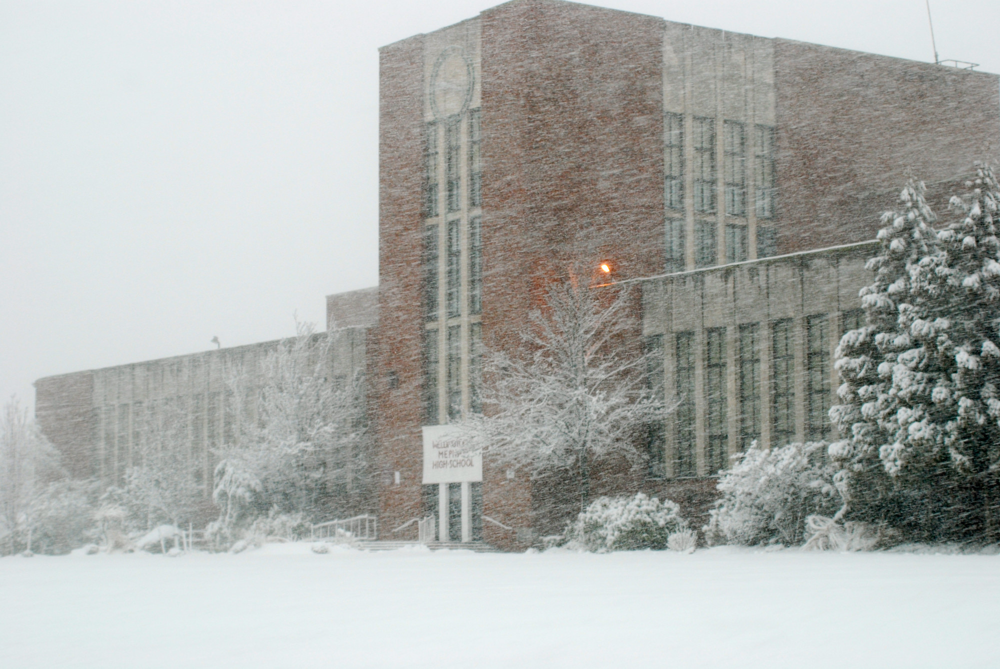 Snow covered Mepham High School in Bellmore. All schools throughout Bellmore-Merrick were closed on Friday.