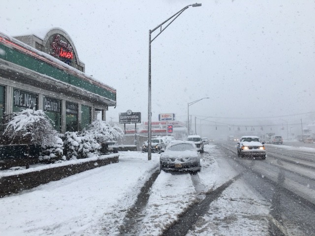 The snow created treacherous driving conditions, including along Sunrise Highway in Wantagh.